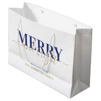 Bolsa De Regalo Grande Tipografía azul marina alegre y Navidades brillant