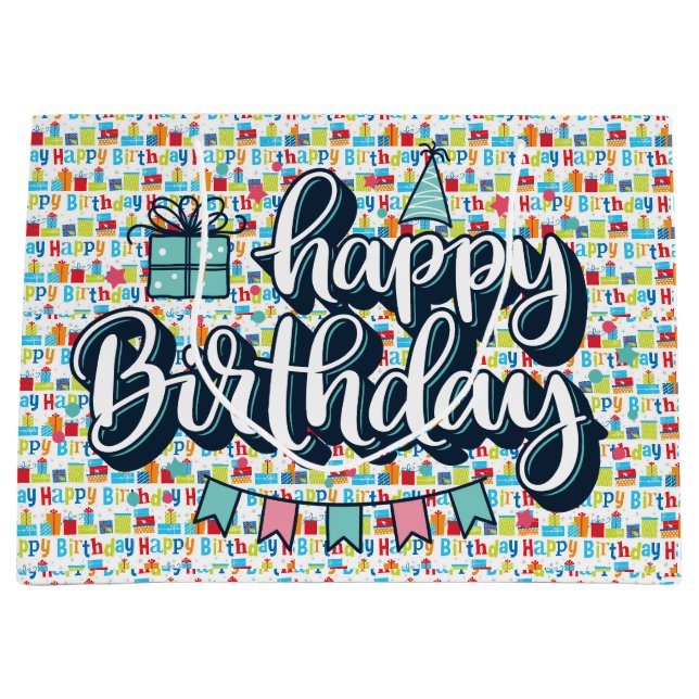Bolsa De Regalo Grande Tipografía de Feliz Cumpleaños  (Anverso)