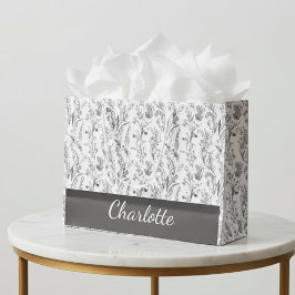 Bolsa De Regalo Grande Toile Floral Blanco y Negro con Nombre Personaliza