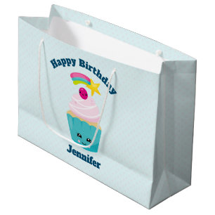 Bolsa De Regalo Grande Torta azul dulce con cara de Kawaii Cumpleaños
