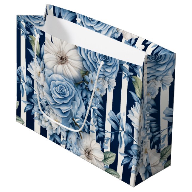 Bolsa De Regalo Grande Torta nupcial de rayas florales azul marino (Angulo Anverso)