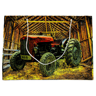 Bolsa De Regalo Grande Tractor Rojo Antiguo Granero Rústico