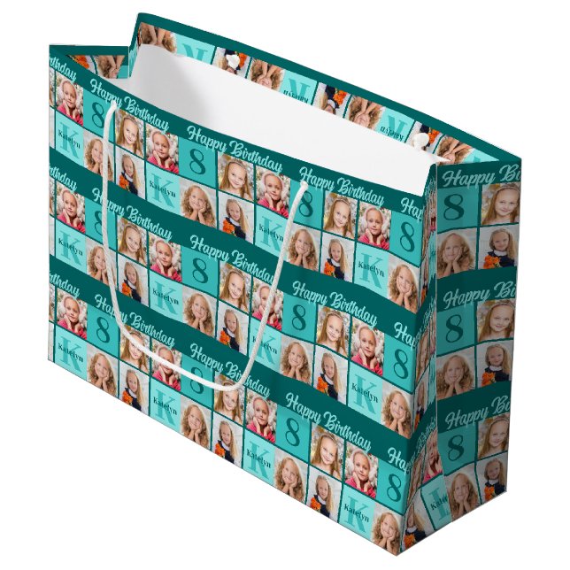 Bolsa De Regalo Grande Trendy Teal Birthday Party Custom Photo Collage (Angulo Anverso)