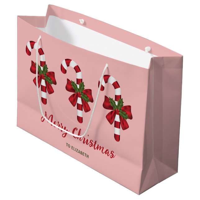 Bolsa De Regalo Grande Tres Navidades Candy Canes Con Texto Personalizado (Angulo Anverso)