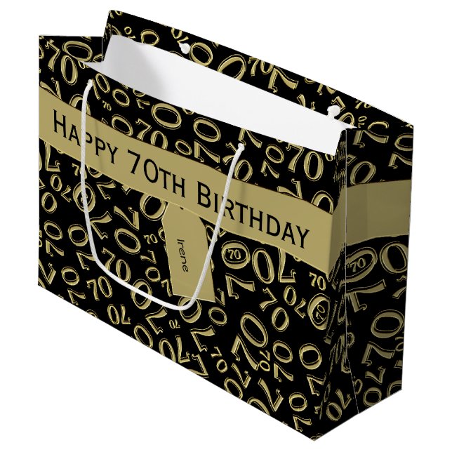 Bolsa De Regalo Grande Tu texto: 70 cumpleaños número negro/oro 70 (Angulo Anverso)