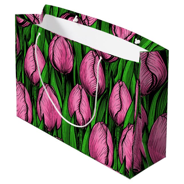 Bolsa De Regalo Grande Tulipanes rosados con hojas verdes (Angulo reverso)