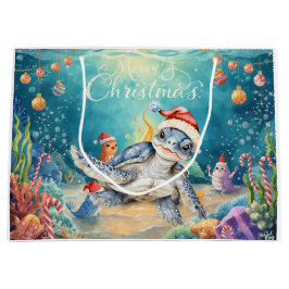 Bolsa De Regalo Grande Turtle Santa Hat Under the Sea Christmas Party 