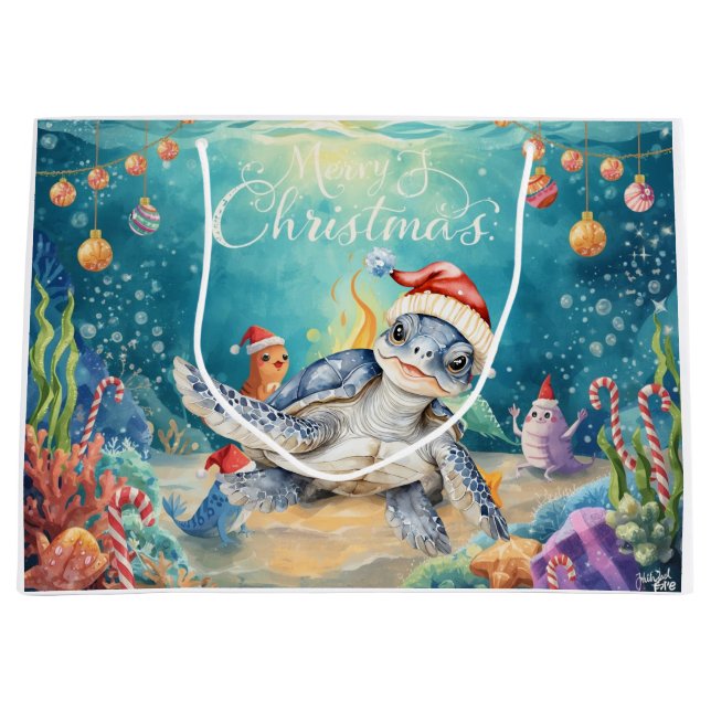 Bolsa De Regalo Grande Turtle Santa Hat Under the Sea Christmas Party  (Anverso)