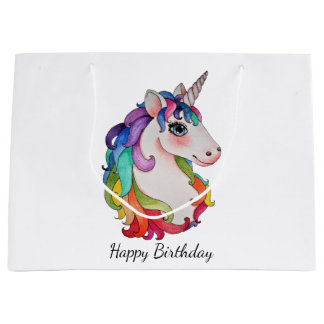 Bolsa De Regalo Grande Unicornio de la acuarela con el pelo del arco iris