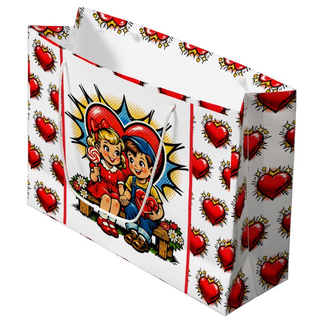 Bolsa De Regalo Grande Valentine's Day | Retro Pop Art Boy and Girl (Angulo Anverso)