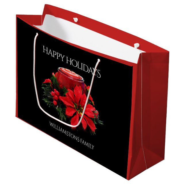 Bolsa De Regalo Grande Velas rojas festivas, Holly y Poinsettia (Angulo Anverso)
