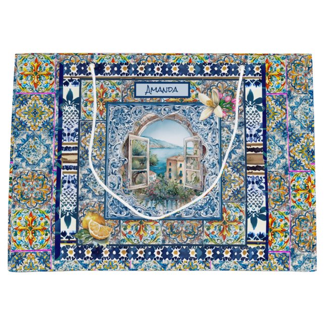 Bolsa De Regalo Grande verano azulejos azules florales italianos cítricos (Anverso)