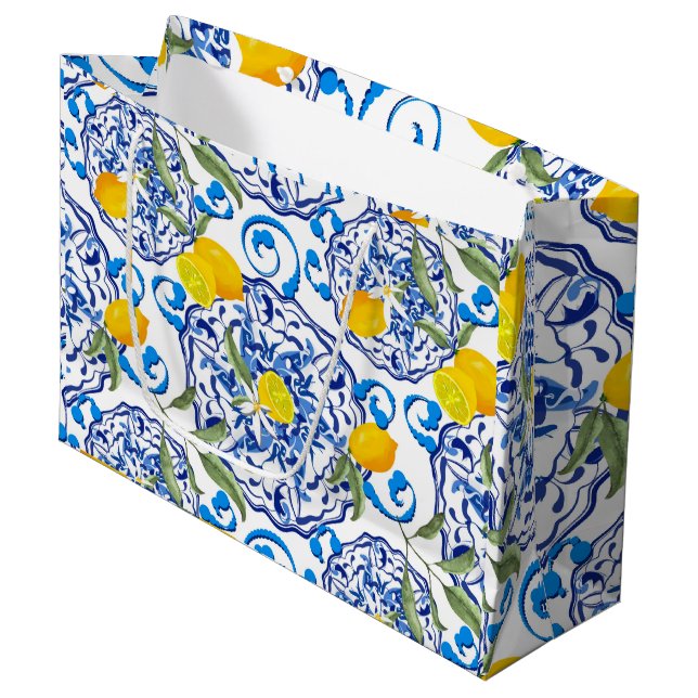 Bolsa De Regalo Grande Verano, azulejos portugueses, cítricos, limones  (Angulo Anverso)