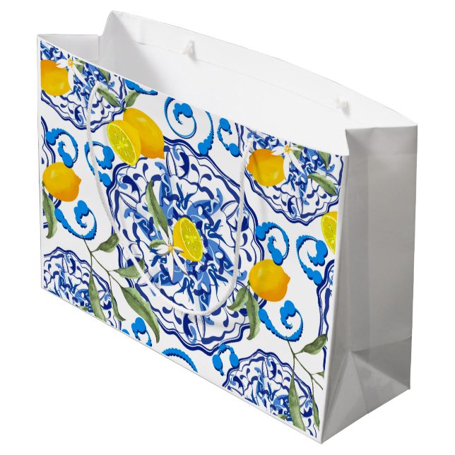 Bolsa De Regalo Grande Verano, azulejos portugueses, cítricos, limones me (Angulo reverso)