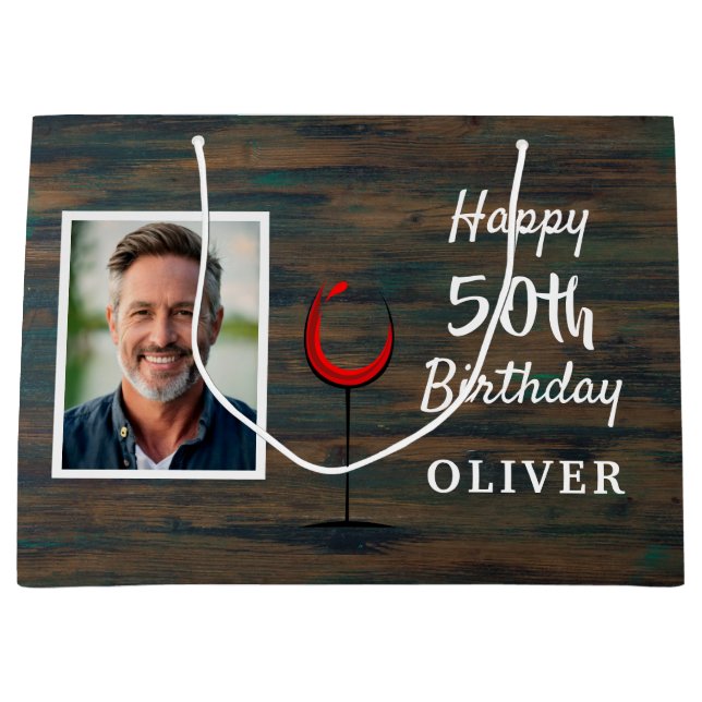 Bolsa De Regalo Grande Vidrio Rojo de Madera Rústica 50.ª foto de cumplea (Anverso)