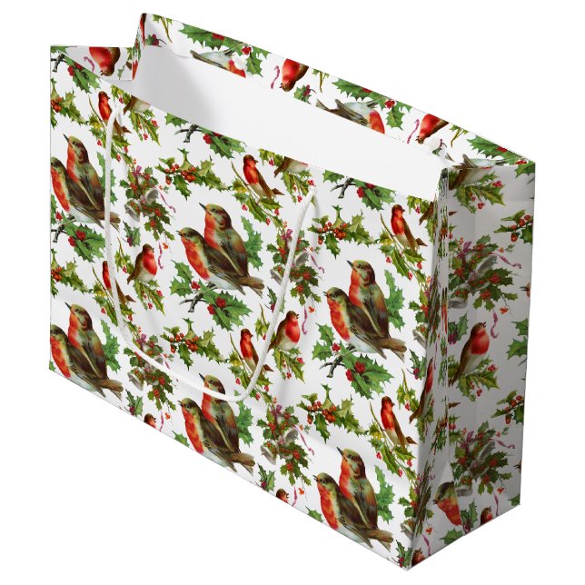 Bolsa De Regalo Grande Viñeta Robin Bird Holly Berries Winter (Angulo Anverso)