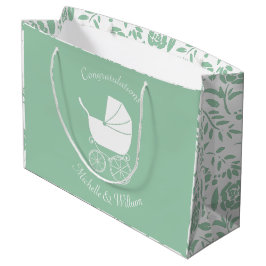 Bolsa De Regalo Grande Vintage Carriage Baby Shower Green Gender Neutral
