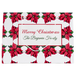 Bolsa De Regalo Grande Vintage Christmas Red White Poinsettias Personaliz