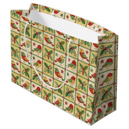 Bolsa De Regalo Grande Vintage Folk Art Christmas Birds & Holly Berry