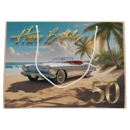 Bolsa De Regalo Grande Vintage Sports Car en una playa tropical Happy 50