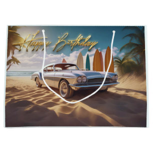 Bolsa De Regalo Grande Vintage Sports Car tropical beach Feliz cumpleaños