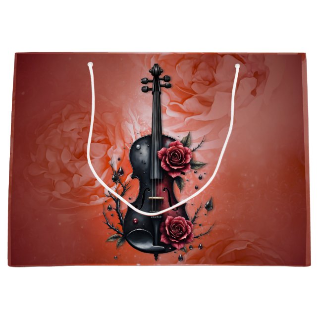 Bolsa De Regalo Grande Violín negro gótico con rosas rojas (Anverso)