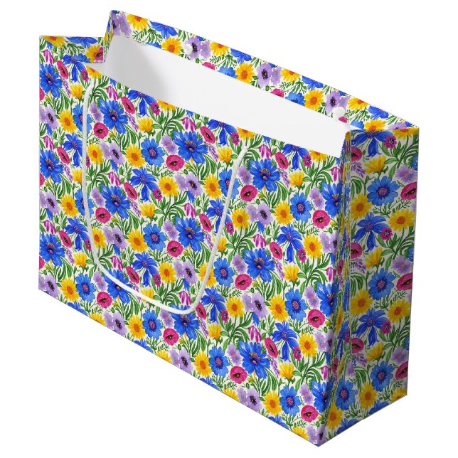 Bolsa De Regalo Grande Vivid Blue Yellow Red Purple Flowers Pattern (Angulo Anverso)