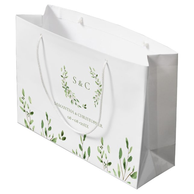 Bolsa De Regalo Grande Watercolor Greenery Wreath monogram wedding (Angulo reverso)