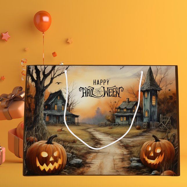 Bolsa De Regalo Grande Watercolor Happy Halloween Haunted Farmhouse (Subido por el creador)