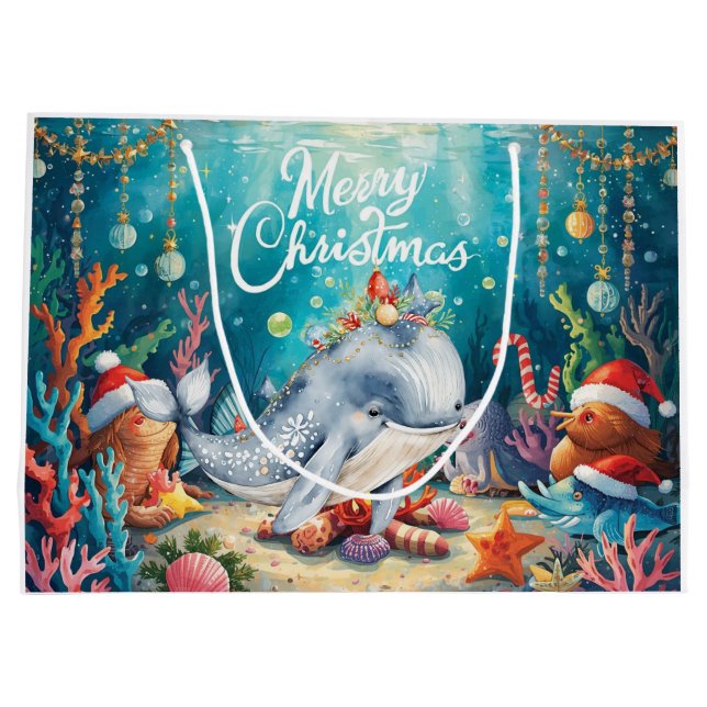 Bolsa De Regalo Grande Whale Santa Hat Under the Sea Christmas Party  (Reverso)