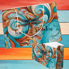 Bolsa De Regalo Grande Whimsical Steampunk Dragonfly en azul y Naranja