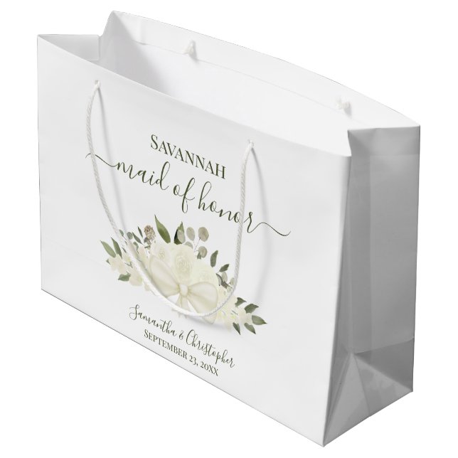 Bolsa De Regalo Grande White Boho Roses Bouquet Wedding Maid of Honor (Angulo reverso)