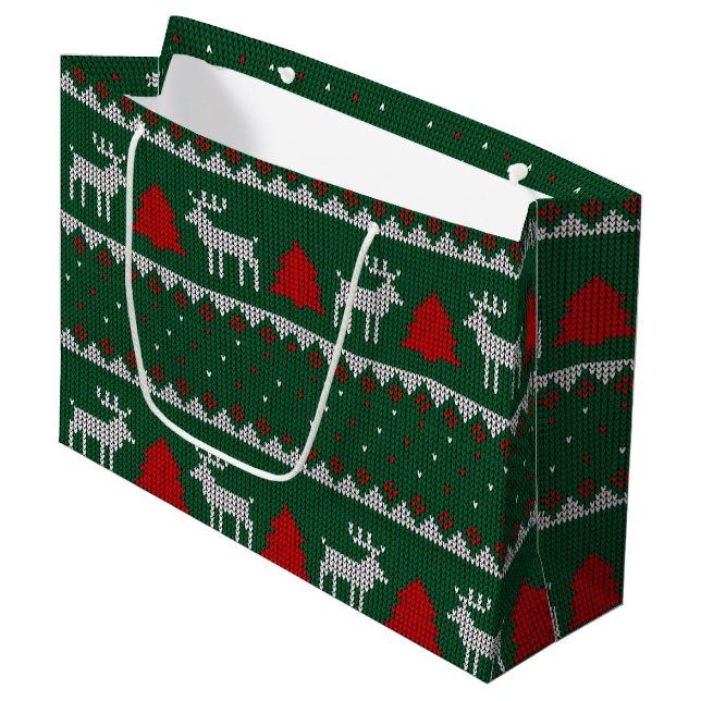Bolsa De Regalo Grande Winter Wonderland,Reindeer Pine Tree Green (Angulo Anverso)