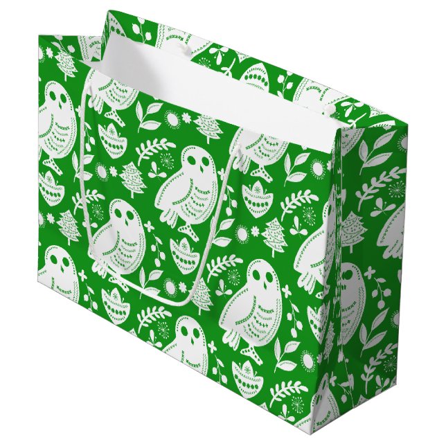 Bolsa De Regalo Grande Wise Owl Folk Art Green Holiday (Angulo Anverso)