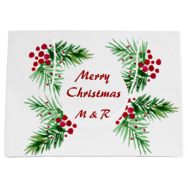 Bolsa De Regalo Grande Wreath de color de agua pintada a mano, bayas roja