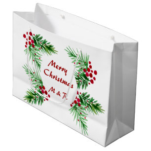 Bolsa De Regalo Grande Wreath de color de agua pintada a mano, bayas roja