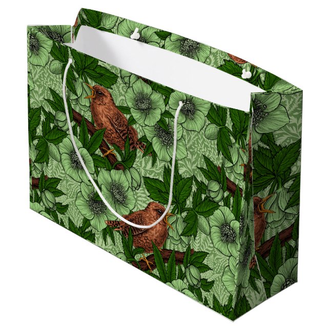 Bolsa De Regalo Grande Wren y hellebore, verde claro (Angulo reverso)