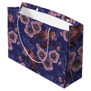 Bolsa De Regalo Grande Wren y hellebore, violeta y rosa