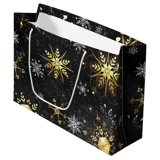 Bolsa De Regalo Grande Xmas Golden Snowflakes on Black Background (Angulo Anverso)