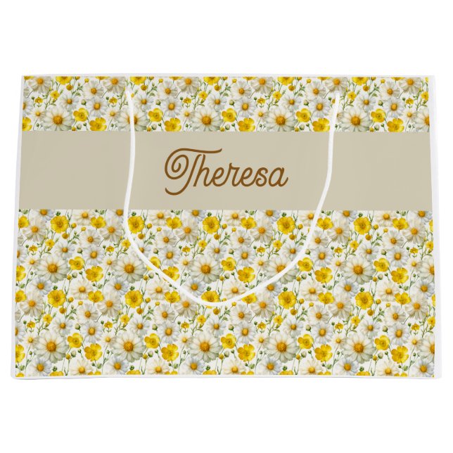 Bolsa De Regalo Grande Yellow Wildflowers Pattern Monogram Name (Anverso)