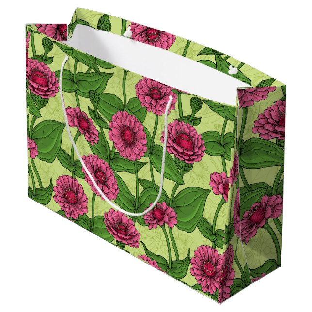 Bolsa De Regalo Grande Zinnias rosas sobre verde claro (Angulo reverso)