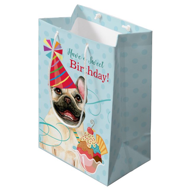 Bolsa de regalo media de Bulldog francés de cumple (Angulo Anverso)