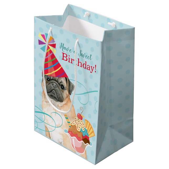 Bolsa de regalo media de pug de cumpleaños dulce (Angulo Anverso)