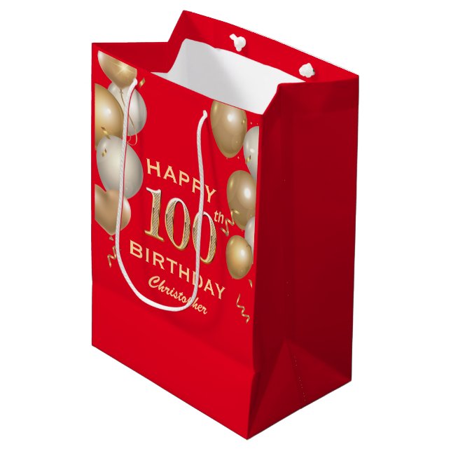 Bolsa De Regalo Mediana 100.ª fiesta de cumpleaños Globos Rojos y Oro (Angulo Anverso)