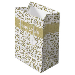 Bolsa De Regalo Mediana 105o oro feliz del cumpleaños y modelo blanco del