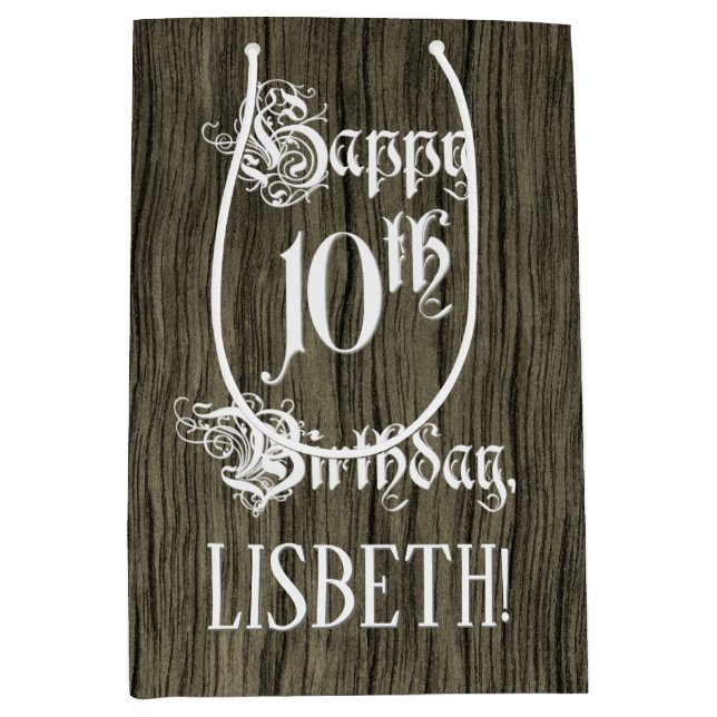 Bolsa De Regalo Mediana 10.º cumpleaños: Fancy, Faux Wood Look + Custom Na (Anverso)