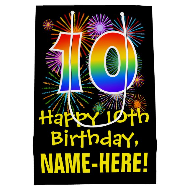 Bolsa De Regalo Mediana 10.º cumpleaños: Patrón de fuegos artificiales div (Reverso)