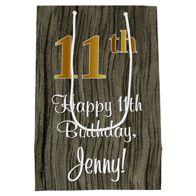 Bolsa De Regalo Mediana 11.º cumpleaños: Elegante apariencia de oro falso  (Reverso)