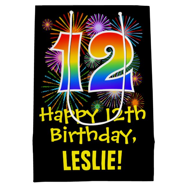 Bolsa De Regalo Mediana 12.º cumpleaños: Patrón de fuegos artificiales div (Reverso)