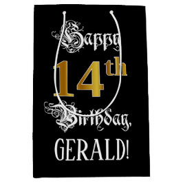 Bolsa De Regalo Mediana 14th Birthday ~ Fancy Script; Faux Gold Look; Name